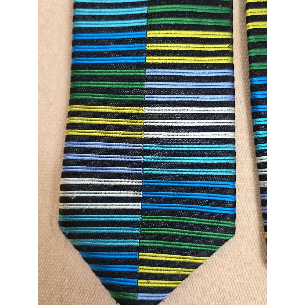 Countess Mara Mens Silk Tie Blue Green Yellow Black Striped Handmade Necktie - Picture 5 of 8